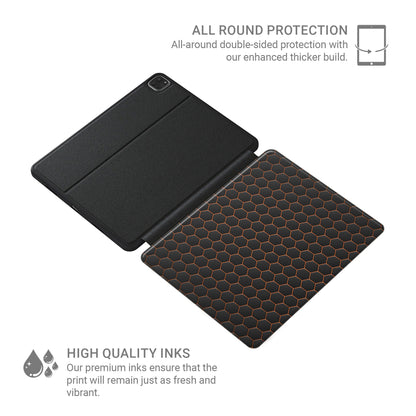 Copper Surge Apple iPad case with matte black and copper geometric design, vegan Saffiano leather exterior, Apple Pencil holder and slim protective build.