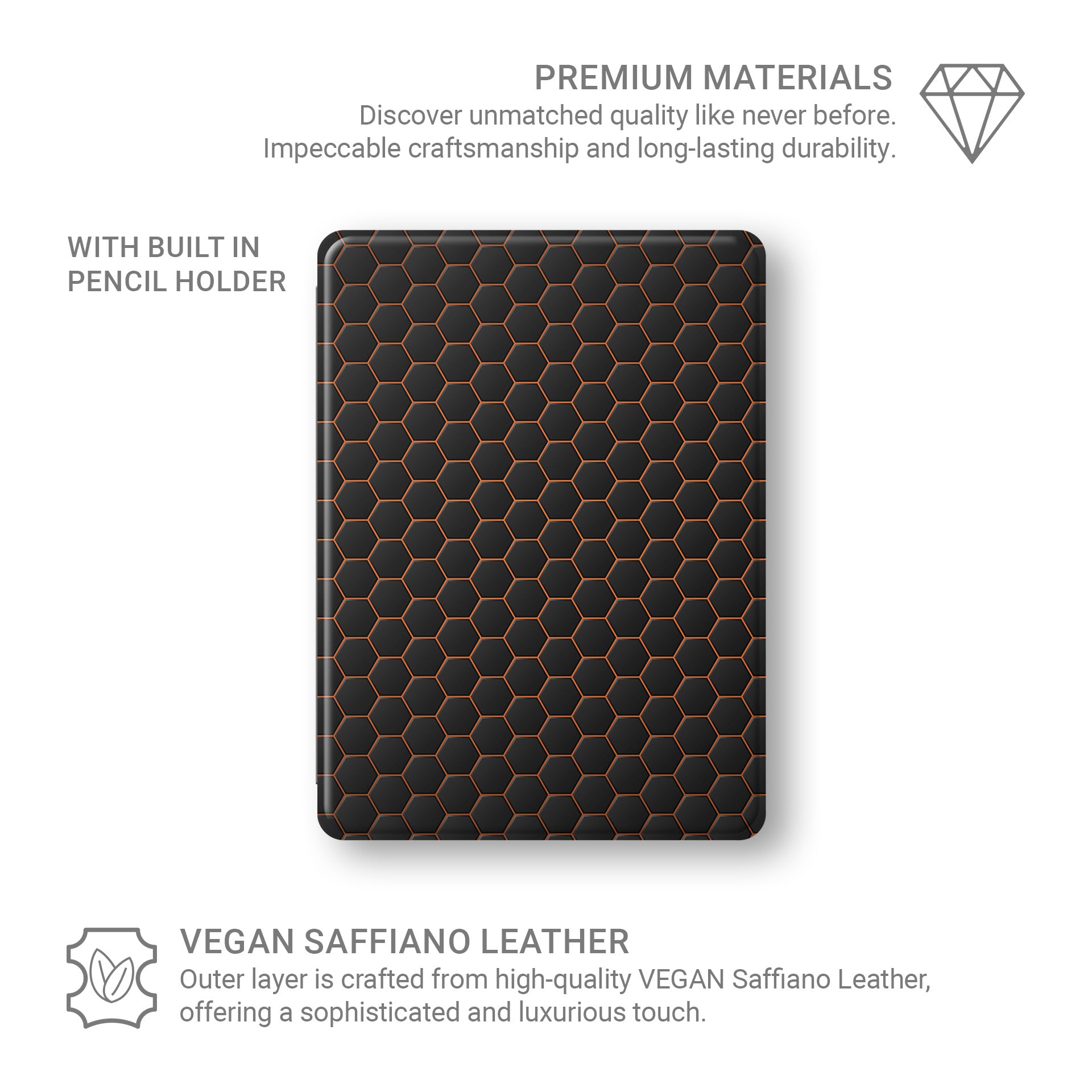 Copper Surge Apple iPad case with matte black and copper geometric design, vegan Saffiano leather exterior, Apple Pencil holder and slim protective build.
