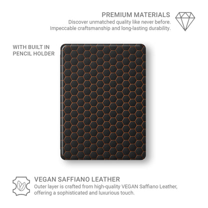 Copper Surge Apple iPad case with matte black and copper geometric design, vegan Saffiano leather exterior, Apple Pencil holder and slim protective build.