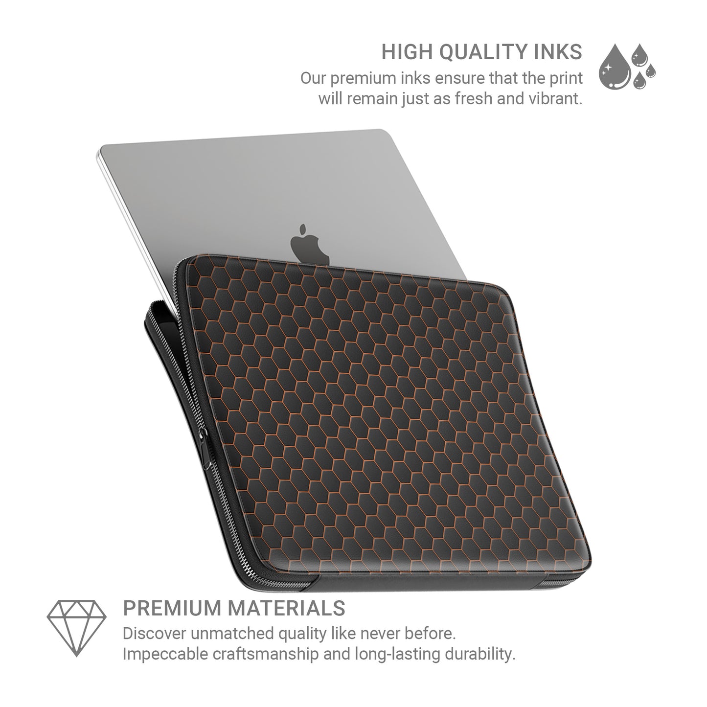 Copper Surge laptop case with black hexagon honeycomb pattern and copper accents, shown as a slim padded protective laptop sleeve.