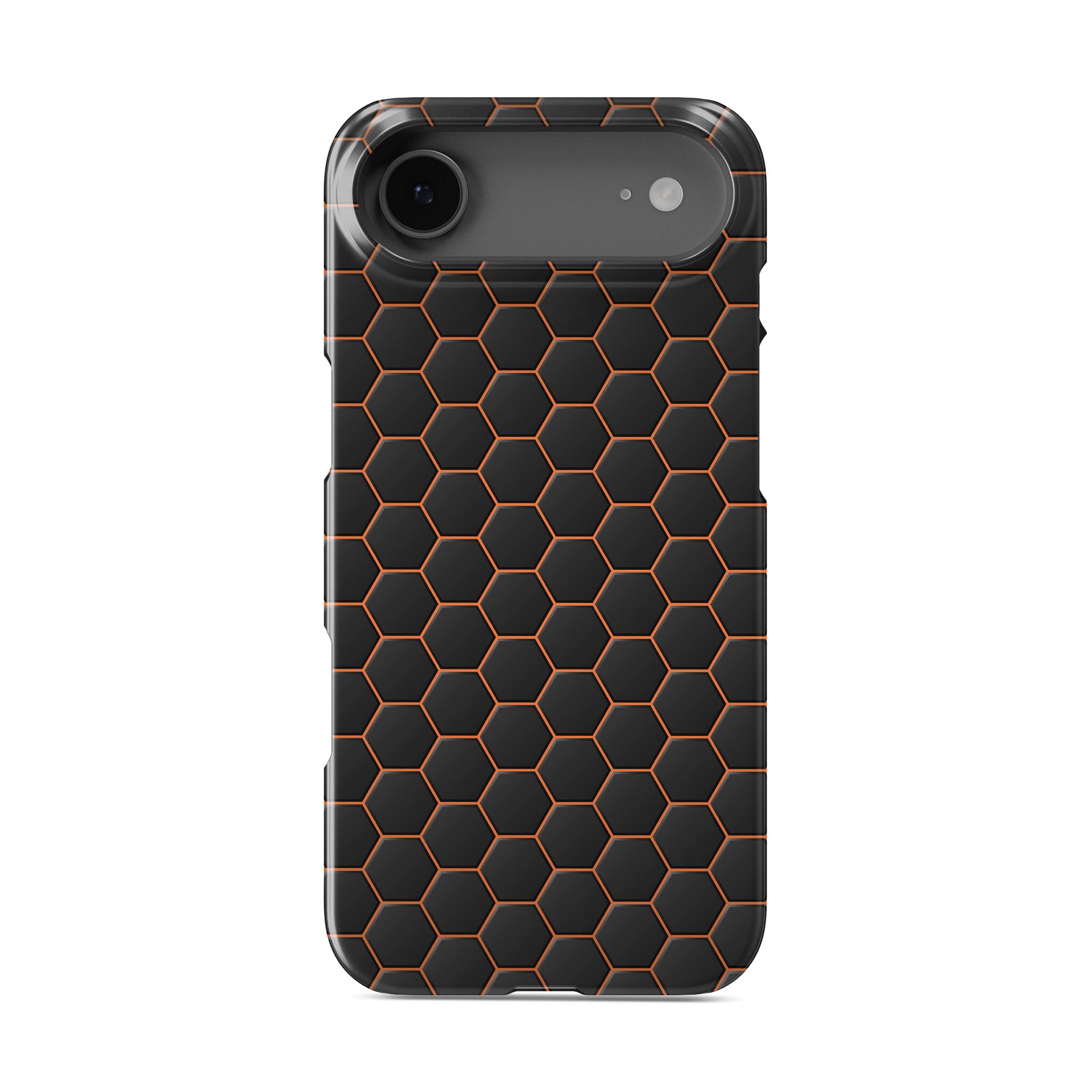 Copper Surge snap phone case with copper-orange neon hexagon pattern on a dark geometric background.