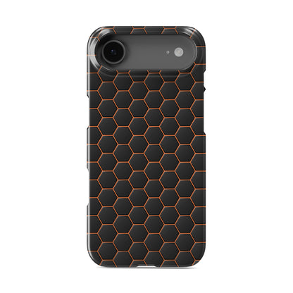 Copper Surge snap phone case with copper-orange neon hexagon pattern on a dark geometric background.