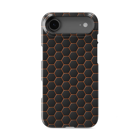 Copper Surge snap phone case with copper-orange neon hexagon pattern on a dark geometric background.