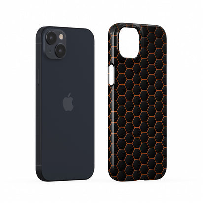 Copper Surge snap phone case with copper-orange neon hexagon pattern on a dark geometric background.