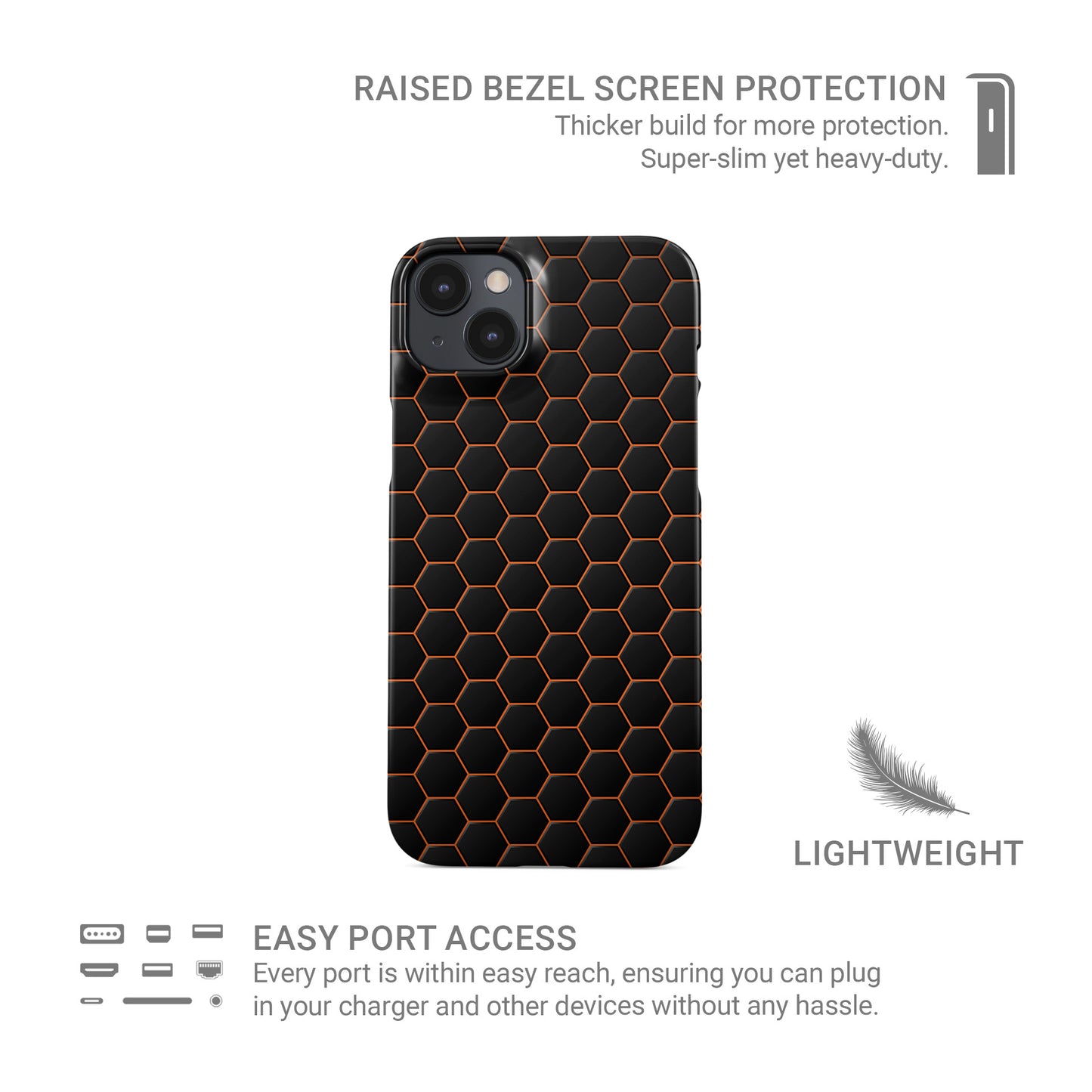 Copper Surge snap phone case with copper-orange neon hexagon pattern on a dark geometric background.