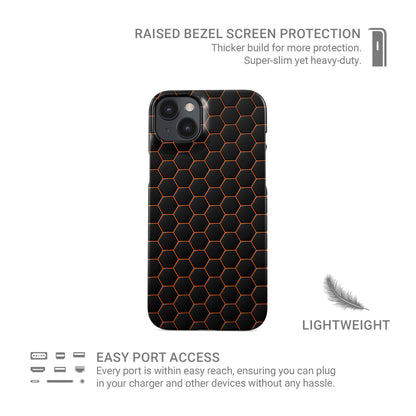 Copper Surge snap phone case with copper-orange neon hexagon pattern on a dark geometric background.