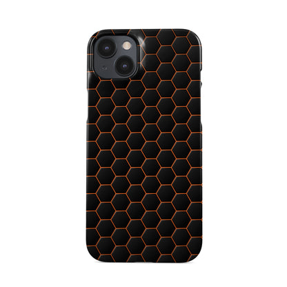 Copper Surge snap phone case with copper-orange neon hexagon pattern on a dark geometric background.