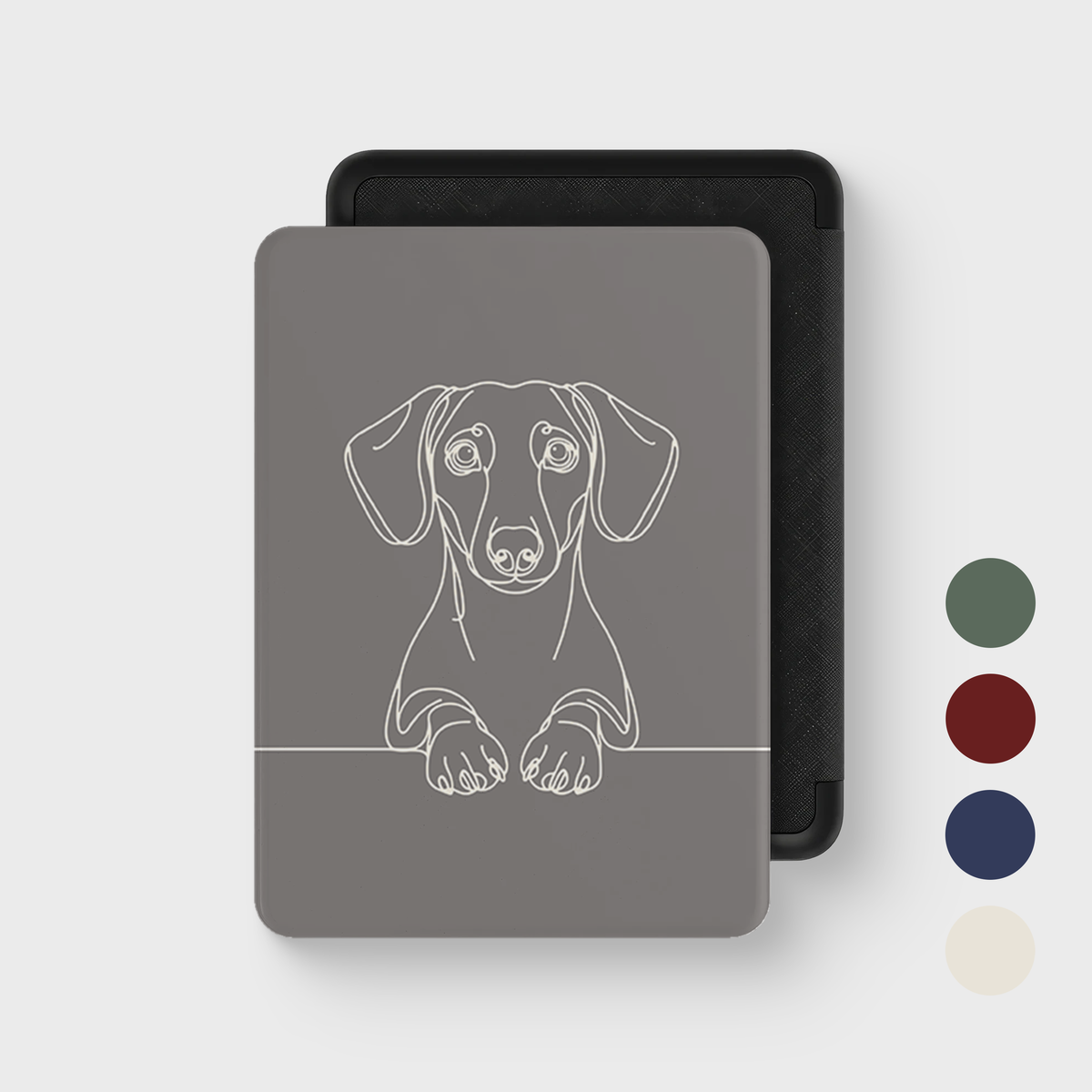 Dachshund line art Kindle case in Taupe — closed front cover with colour swatches.