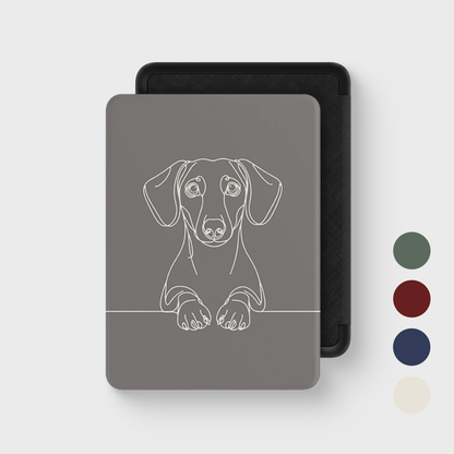 Dachshund line art Kindle case in Taupe — closed front cover with colour swatches.