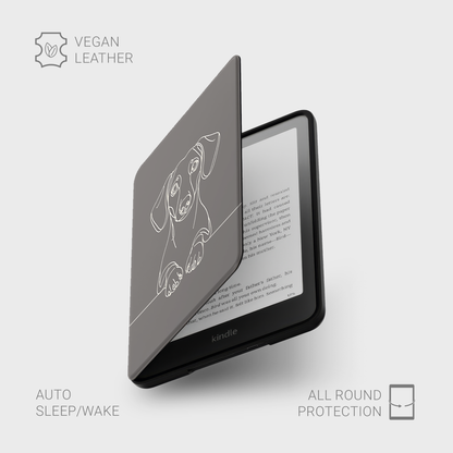 Dachshund line art Kindle case in Taupe — partly open cover showing the Kindle screen.