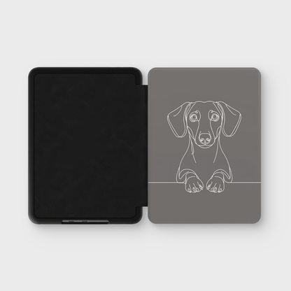 Dachshund line art Kindle case in Taupe — open folio showing the inner shell and printed cover.