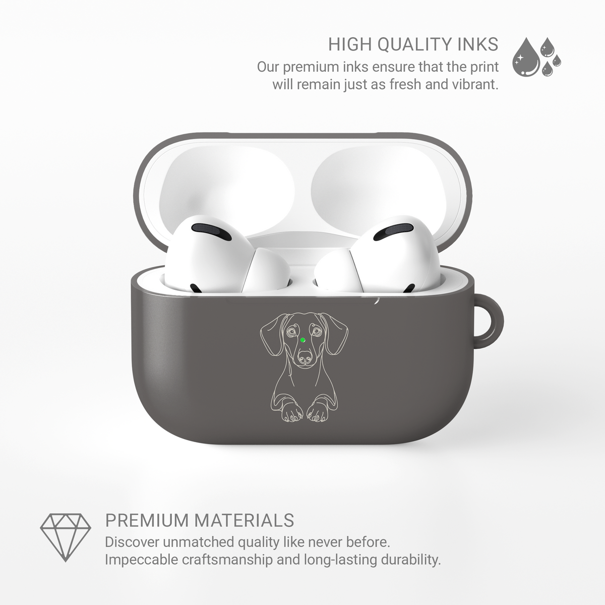 Open Taupe Dachshund AirPods case with white earbuds, shown in an infographic about the print and case materials.
