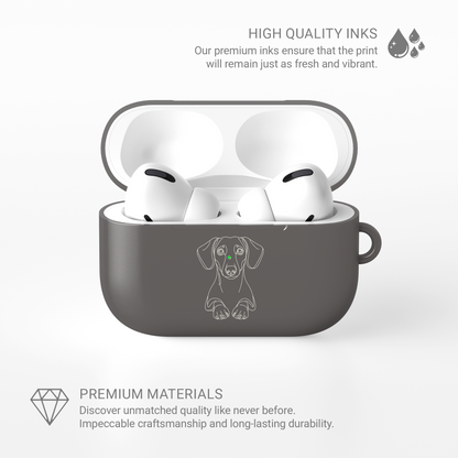 Open Taupe Dachshund AirPods case with white earbuds, shown in an infographic about the print and case materials.
