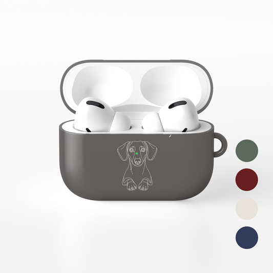 Taupe Dachshund line art AirPods case shown open with white earbuds and four alternative colour swatches.