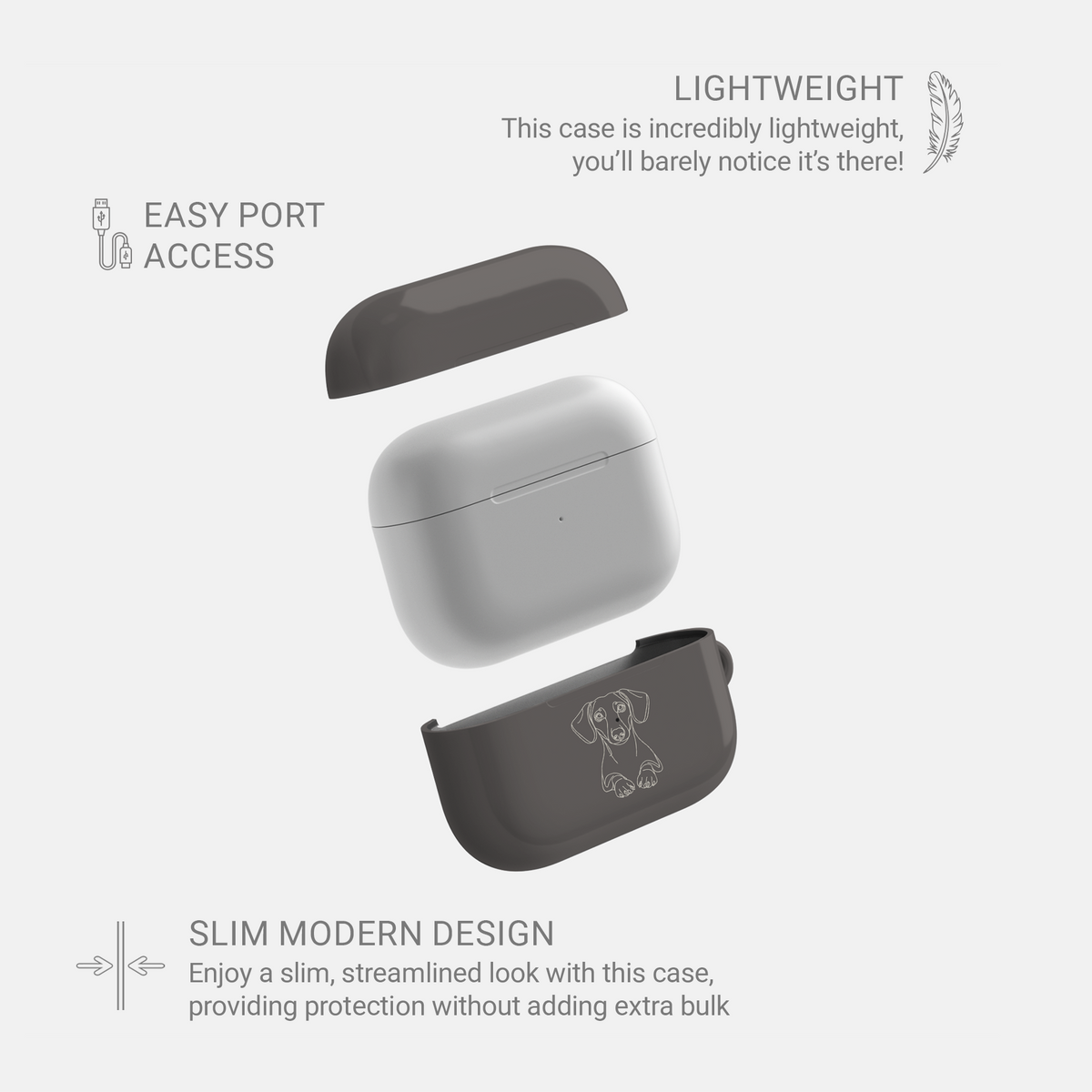 Taupe Dachshund AirPods case in an exploded view showing the lid, white charging case and printed lower shell.
