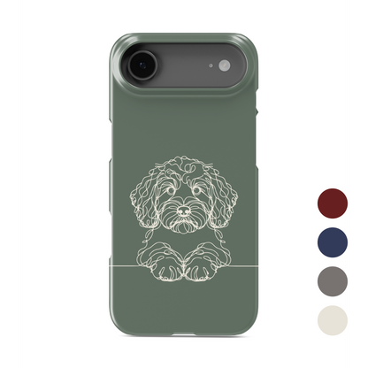 Green Snap phone case with a pale curly-haired Cockapoo line drawing above a thin horizontal line.
