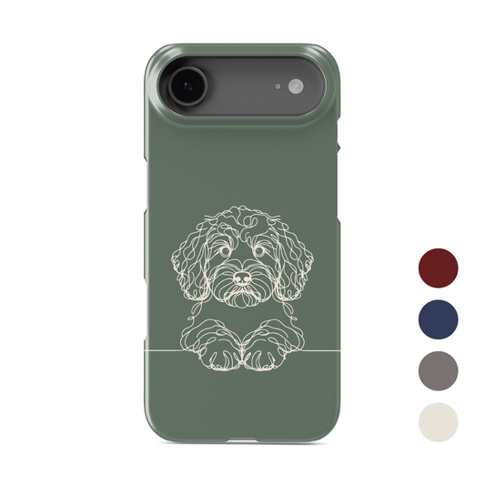 Green Snap phone case with a pale curly-haired Cockapoo line drawing above a thin horizontal line.