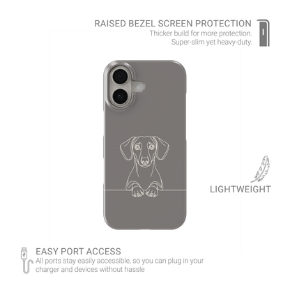 Taupe grey Snap phone case with a black line art Dachshund peeking over a thin horizontal line.
