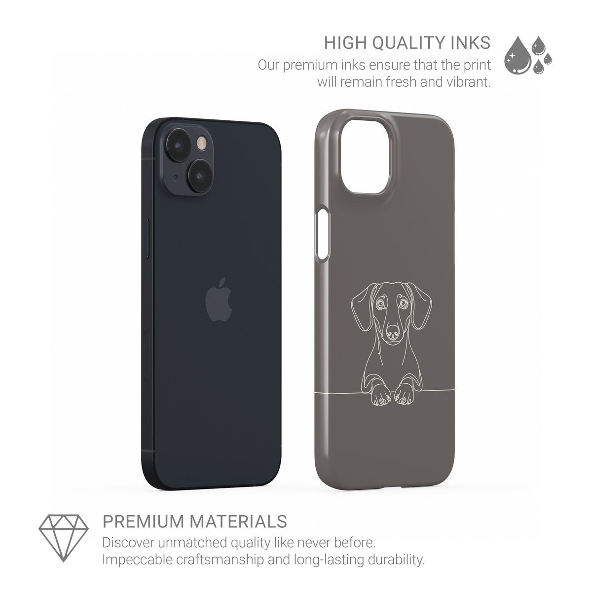 Taupe grey Snap phone case with a black line art Dachshund peeking over a thin horizontal line.