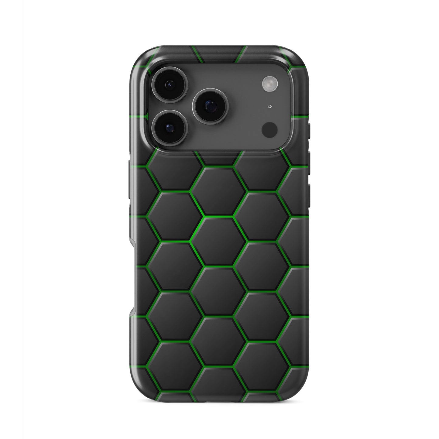 Emerald Pulse tough phone case with dark hexagon pattern and glowing green outlines on a glossy black finish.