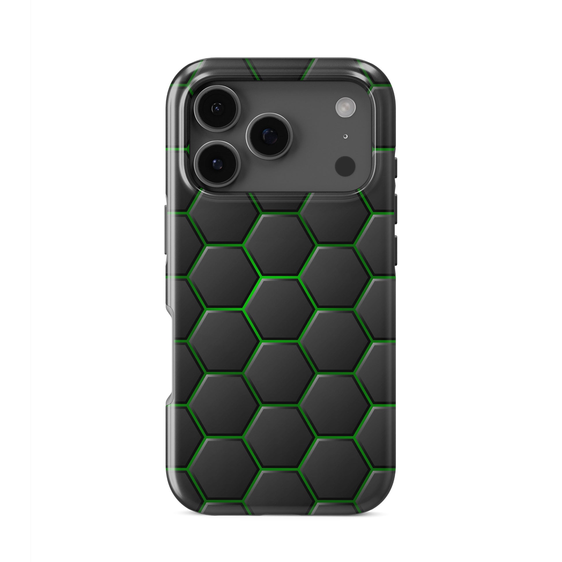 Emerald Pulse tough phone case with dark hexagon pattern and glowing green outlines on a glossy black finish.