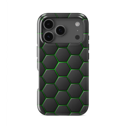 Emerald Pulse tough phone case with dark hexagon pattern and glowing green outlines on a glossy black finish.