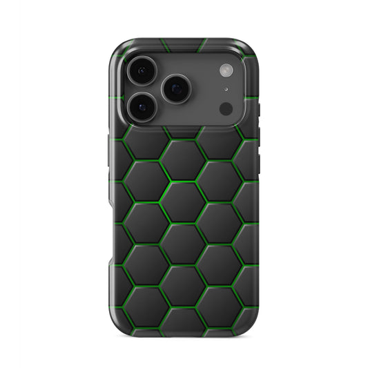 Emerald Pulse tough phone case with dark hexagon pattern and glowing green outlines on a glossy black finish.