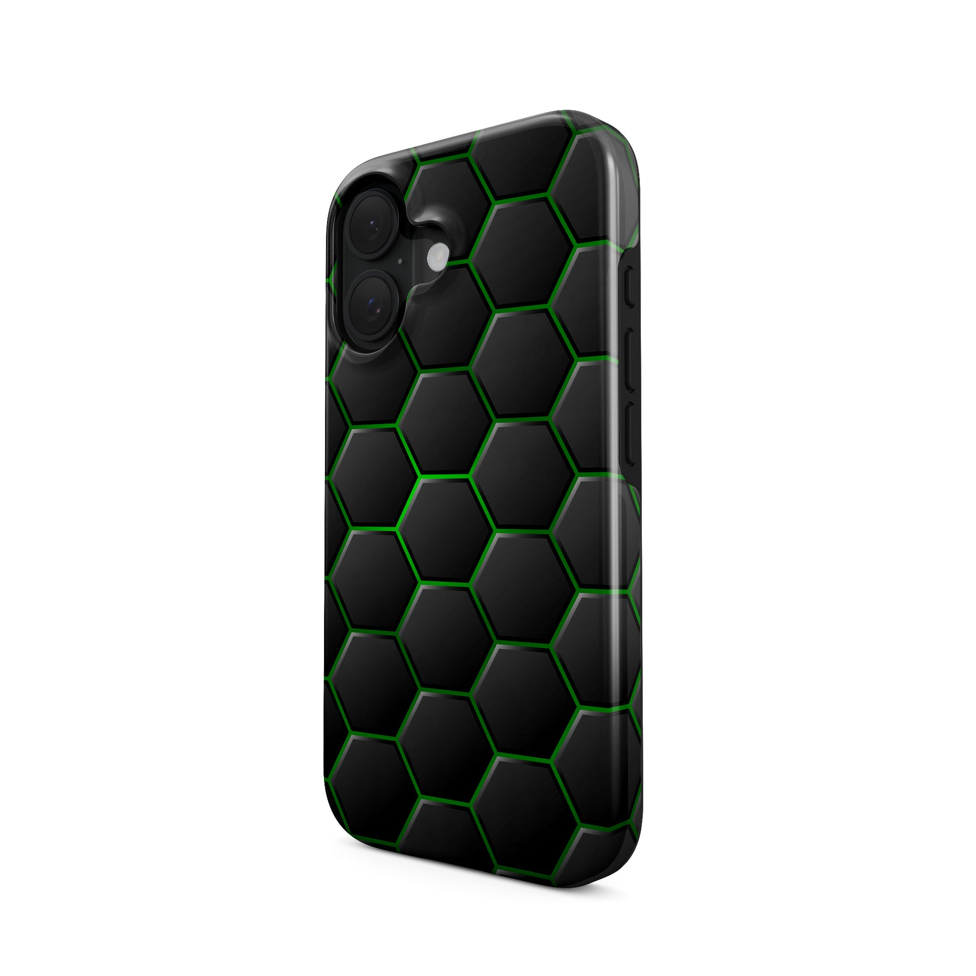 Emerald Pulse tough phone case with dark hexagon pattern and glowing green outlines on a glossy black finish.