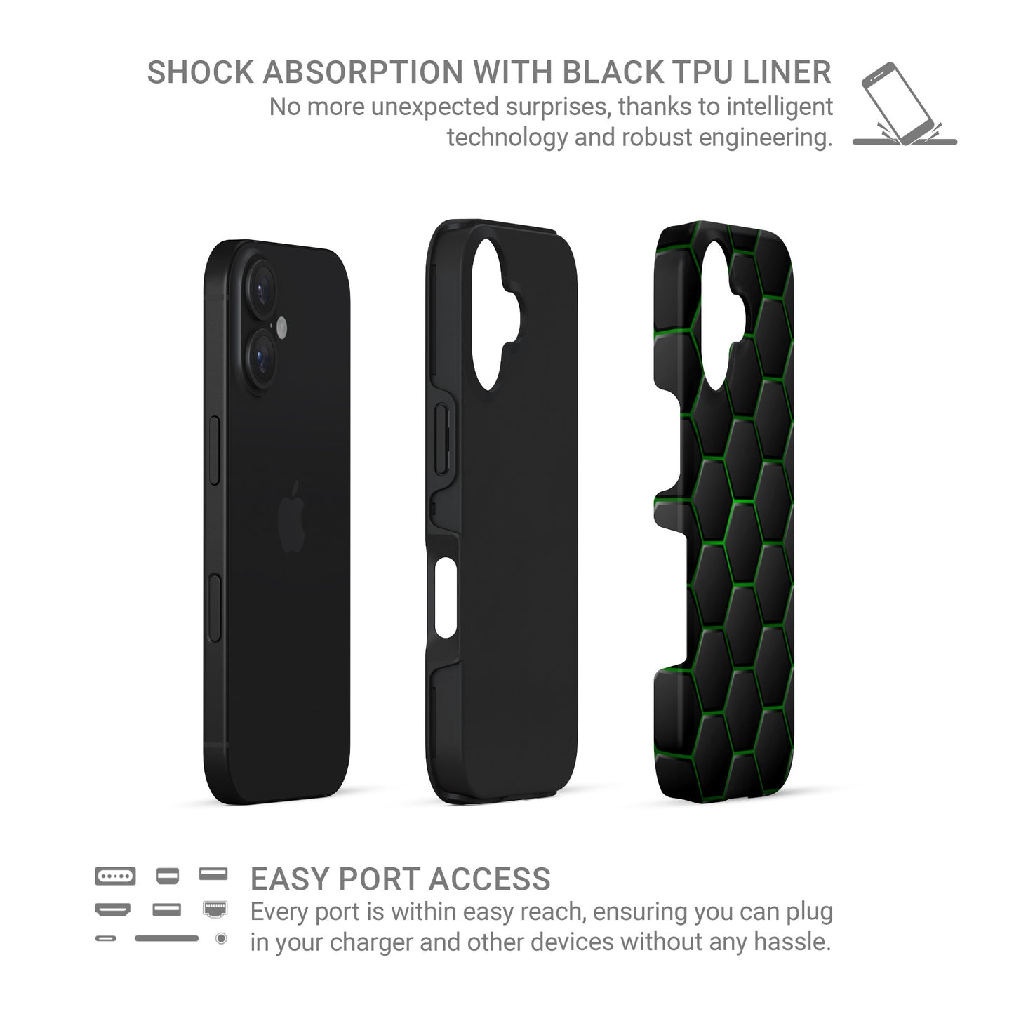 Emerald Pulse tough phone case with dark hexagon pattern and glowing green outlines on a glossy black finish.