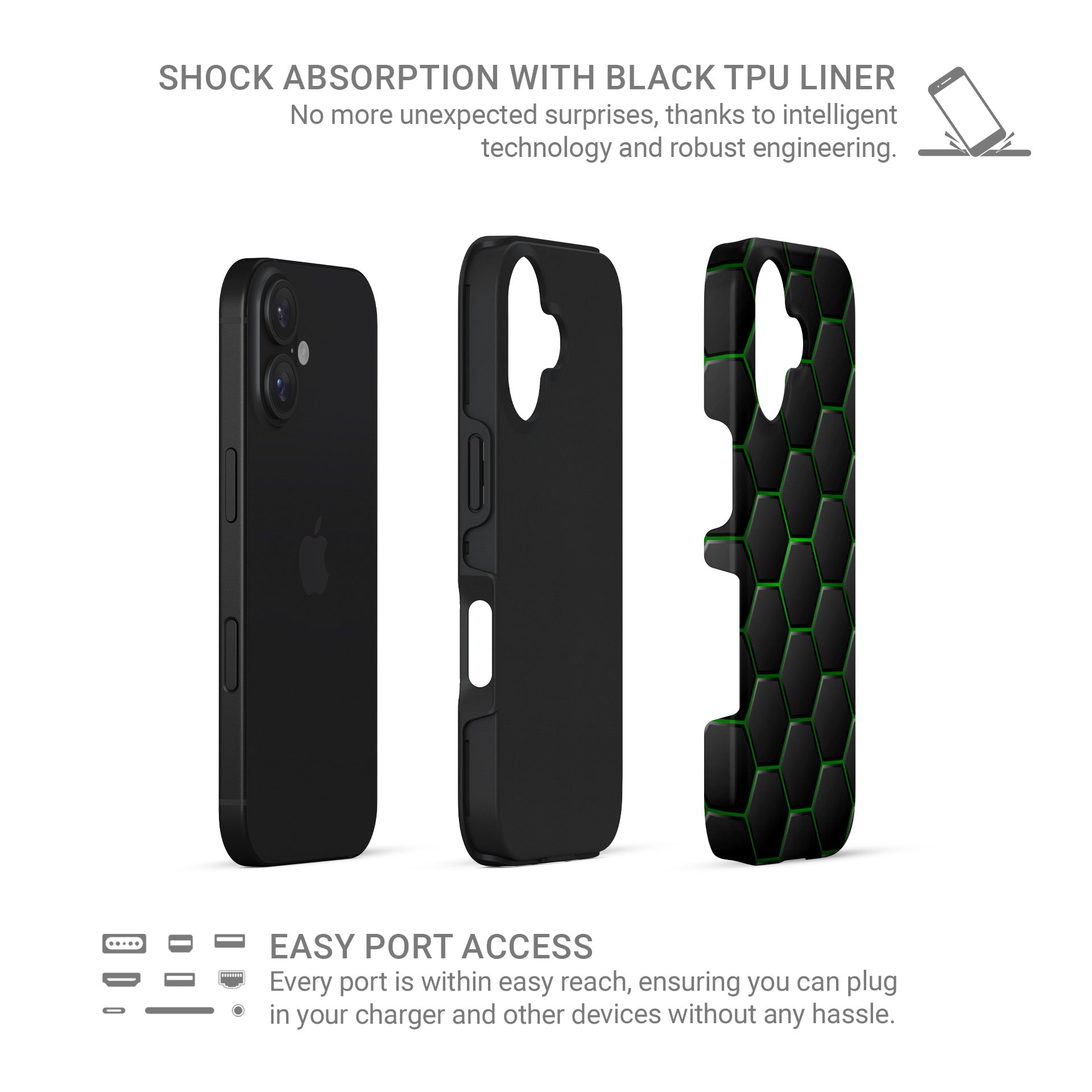 Emerald Pulse tough phone case with dark hexagon pattern and glowing green outlines on a glossy black finish.