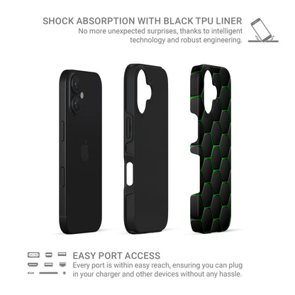 Emerald Pulse tough phone case with dark hexagon pattern and glowing green outlines on a glossy black finish.