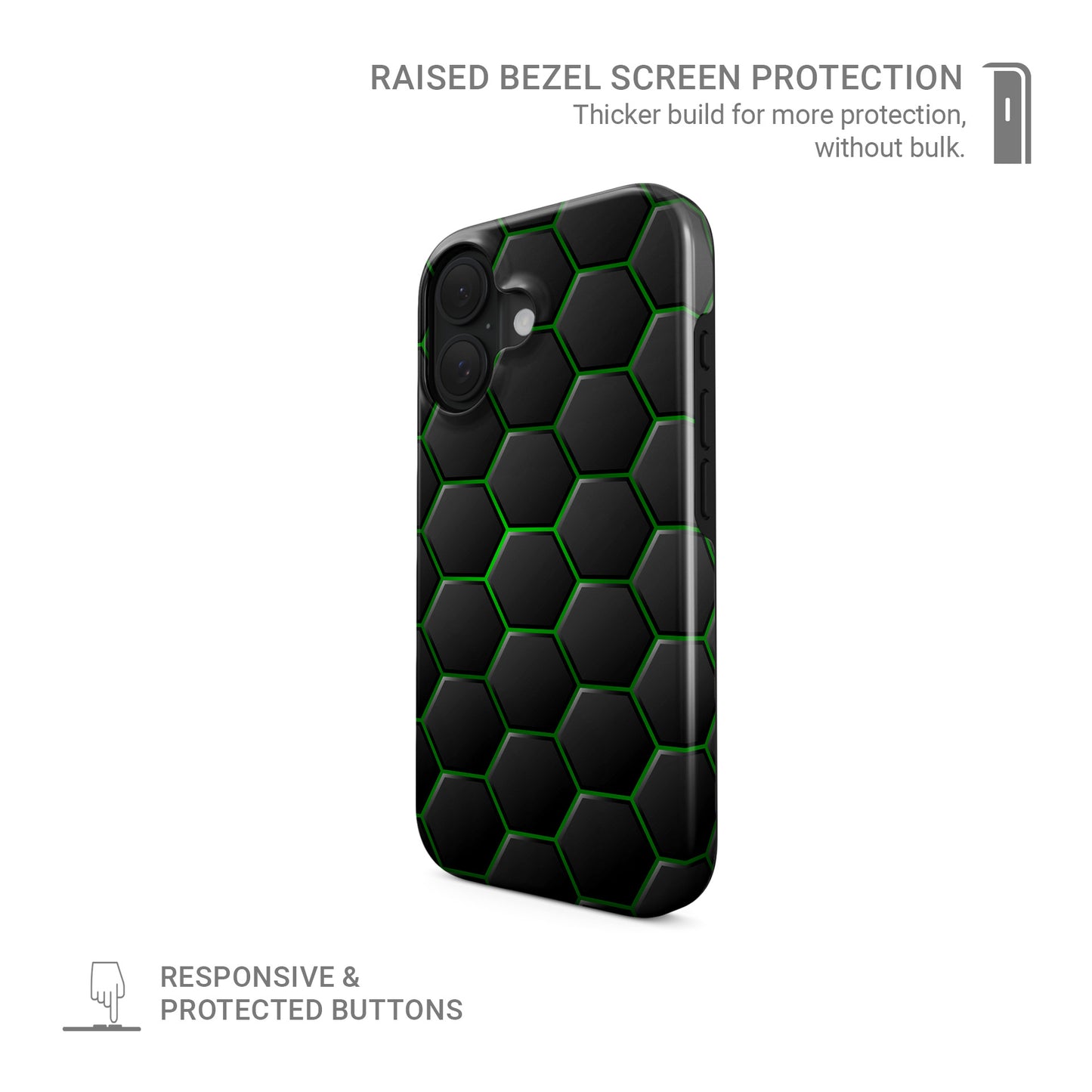 Emerald Pulse tough phone case with dark hexagon pattern and glowing green outlines on a glossy black finish.