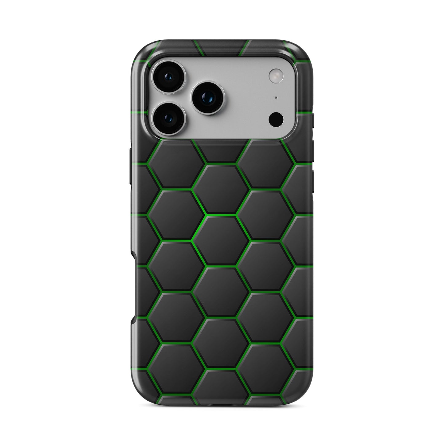 Emerald Pulse phone case with black hexagon pattern and bright green outline detailing, glossy modern finish.