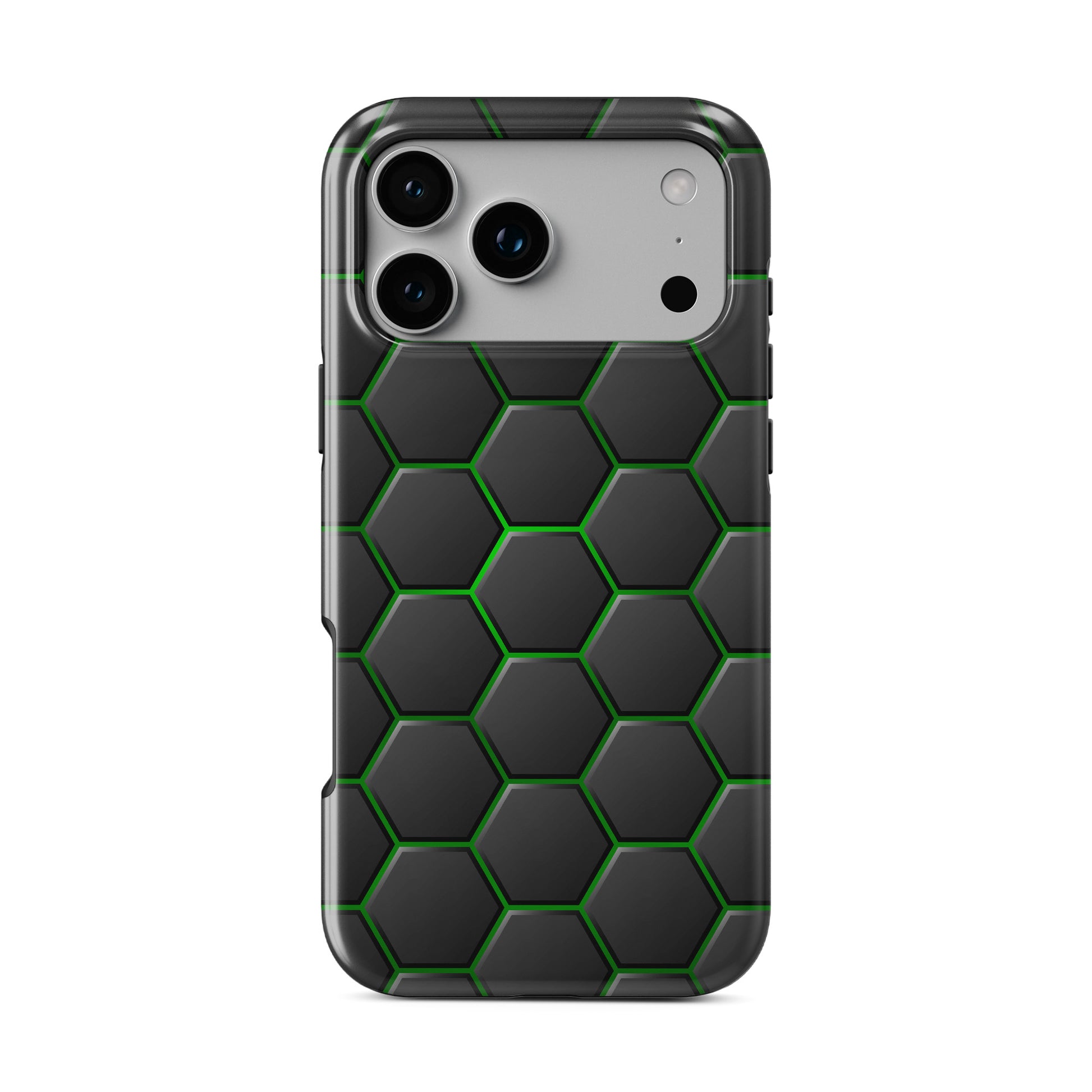 Emerald Pulse phone case with black hexagon pattern and bright green outline detailing, glossy modern finish.