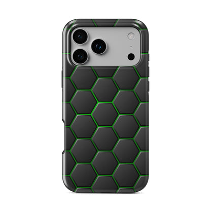 Emerald Pulse phone case with black hexagon pattern and bright green outline detailing, glossy modern finish.