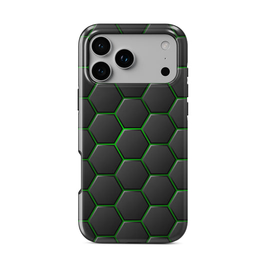 Emerald Pulse phone case with black hexagon pattern and bright green outline detailing, glossy modern finish.