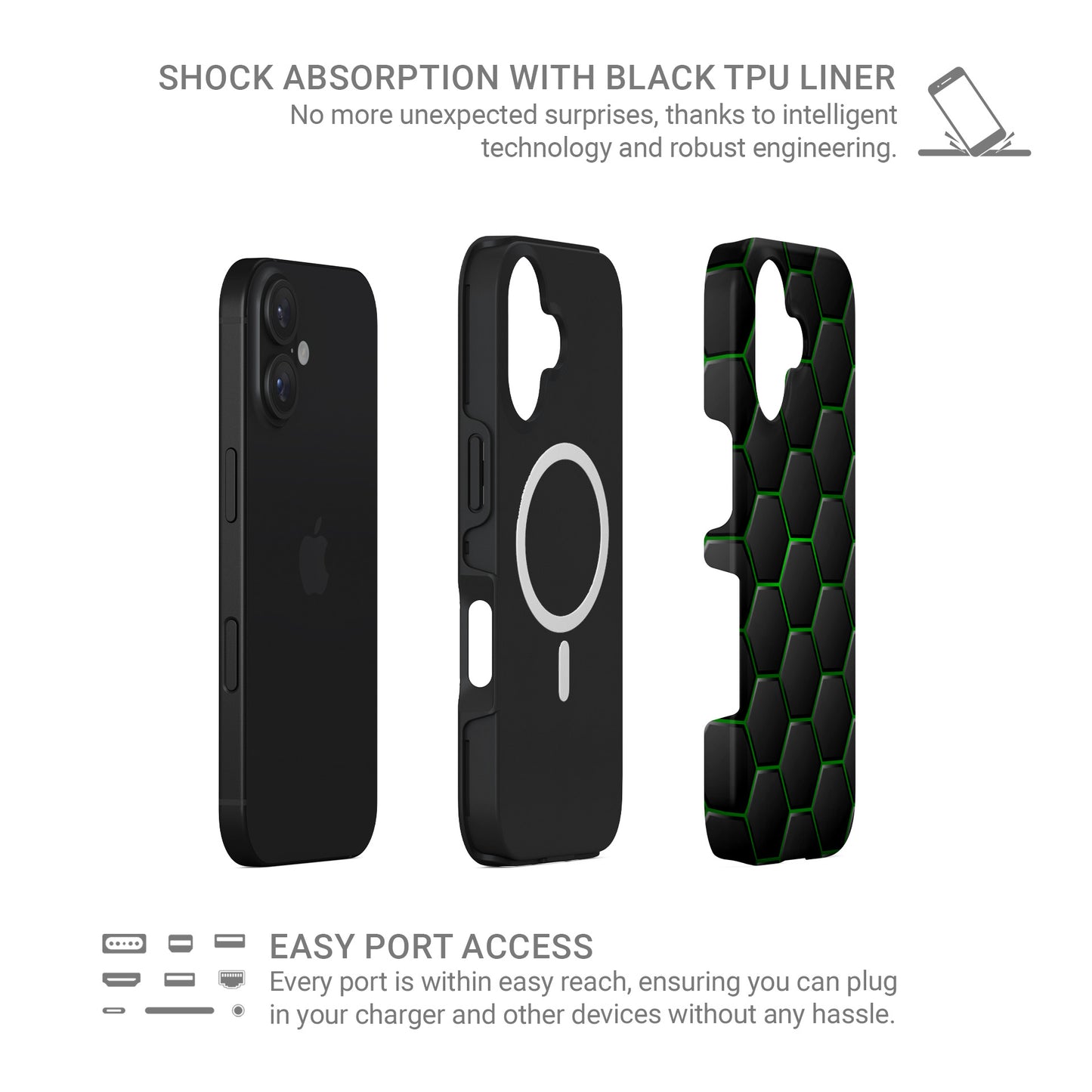 Emerald Pulse phone case with black hexagon pattern and bright green outline detailing, glossy modern finish.
