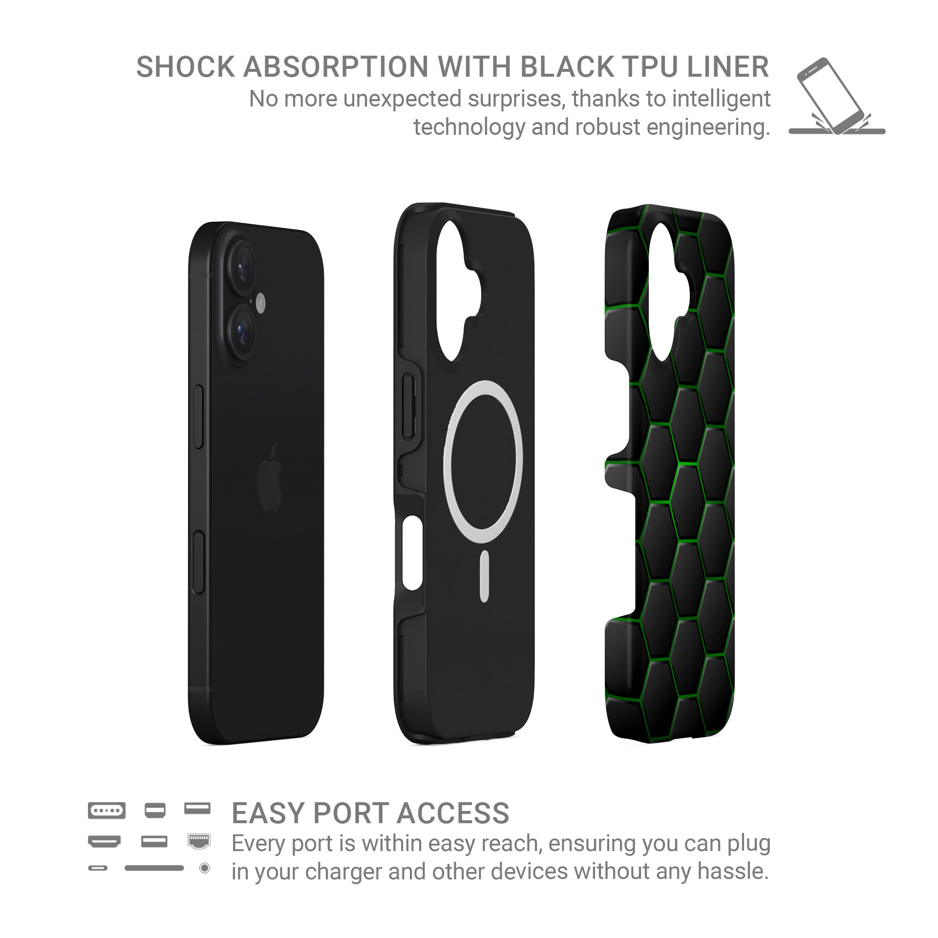 Emerald Pulse phone case with black hexagon pattern and bright green outline detailing, glossy modern finish.