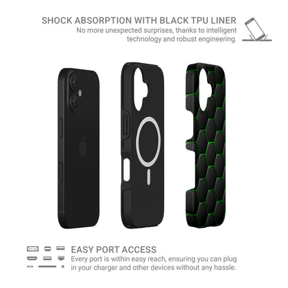 Emerald Pulse phone case with black hexagon pattern and bright green outline detailing, glossy modern finish.