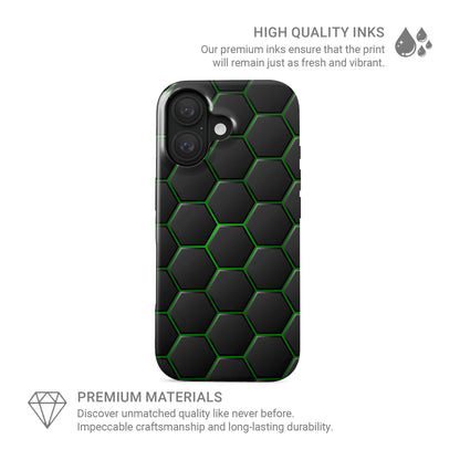 Emerald Pulse phone case with black hexagon pattern and bright green outline detailing, glossy modern finish.