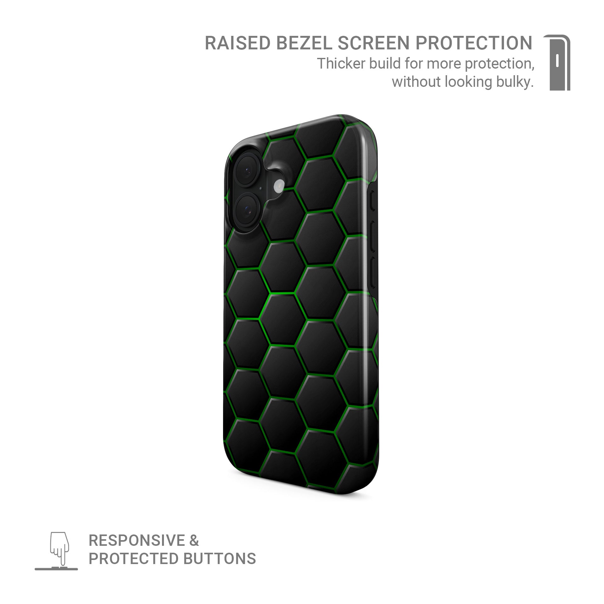 Emerald Pulse phone case with black hexagon pattern and bright green outline detailing, glossy modern finish.