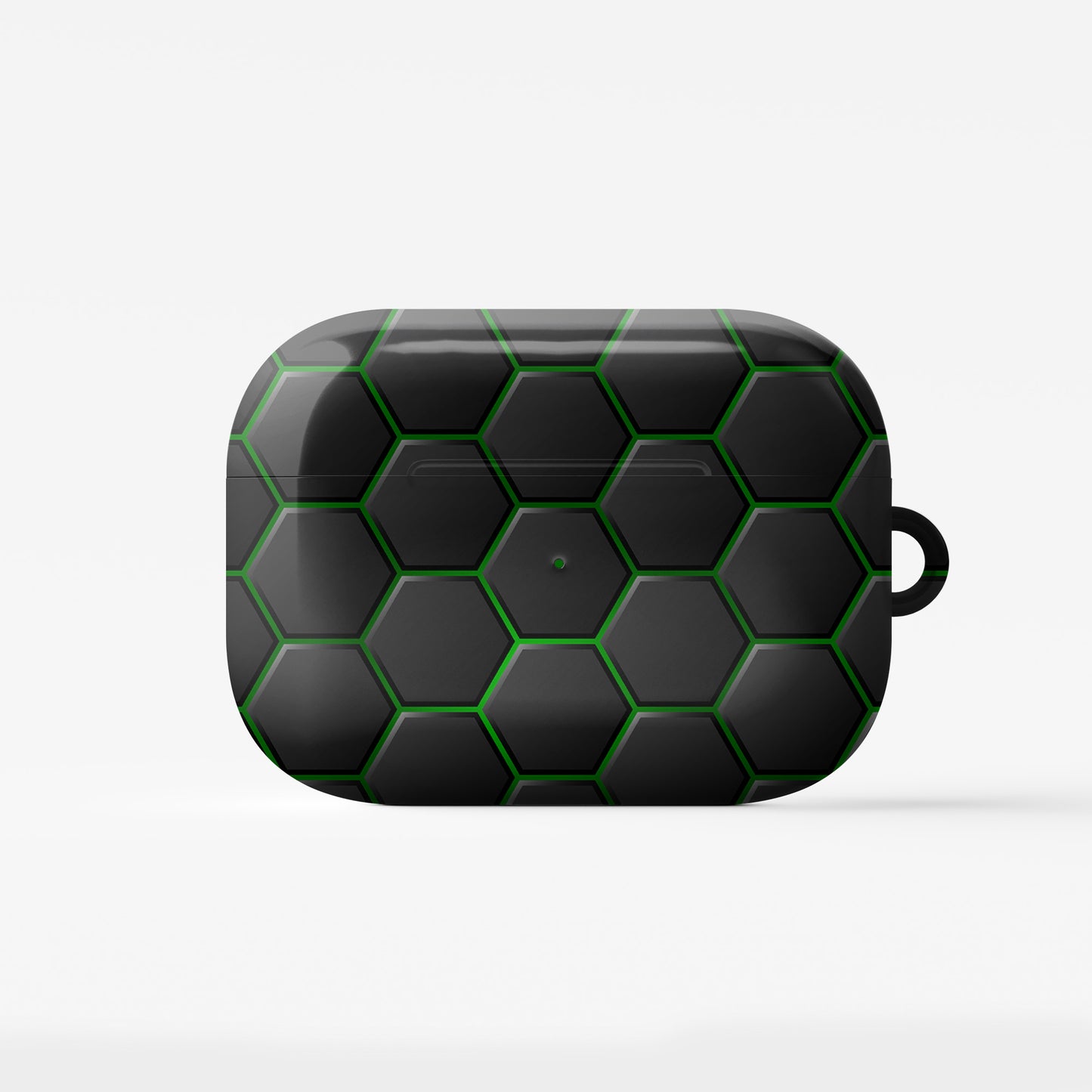 Emerald Pulse AirPods tough case with black and green honeycomb hexagon pattern, glossy finish, modern geometric design, flat printed texture.