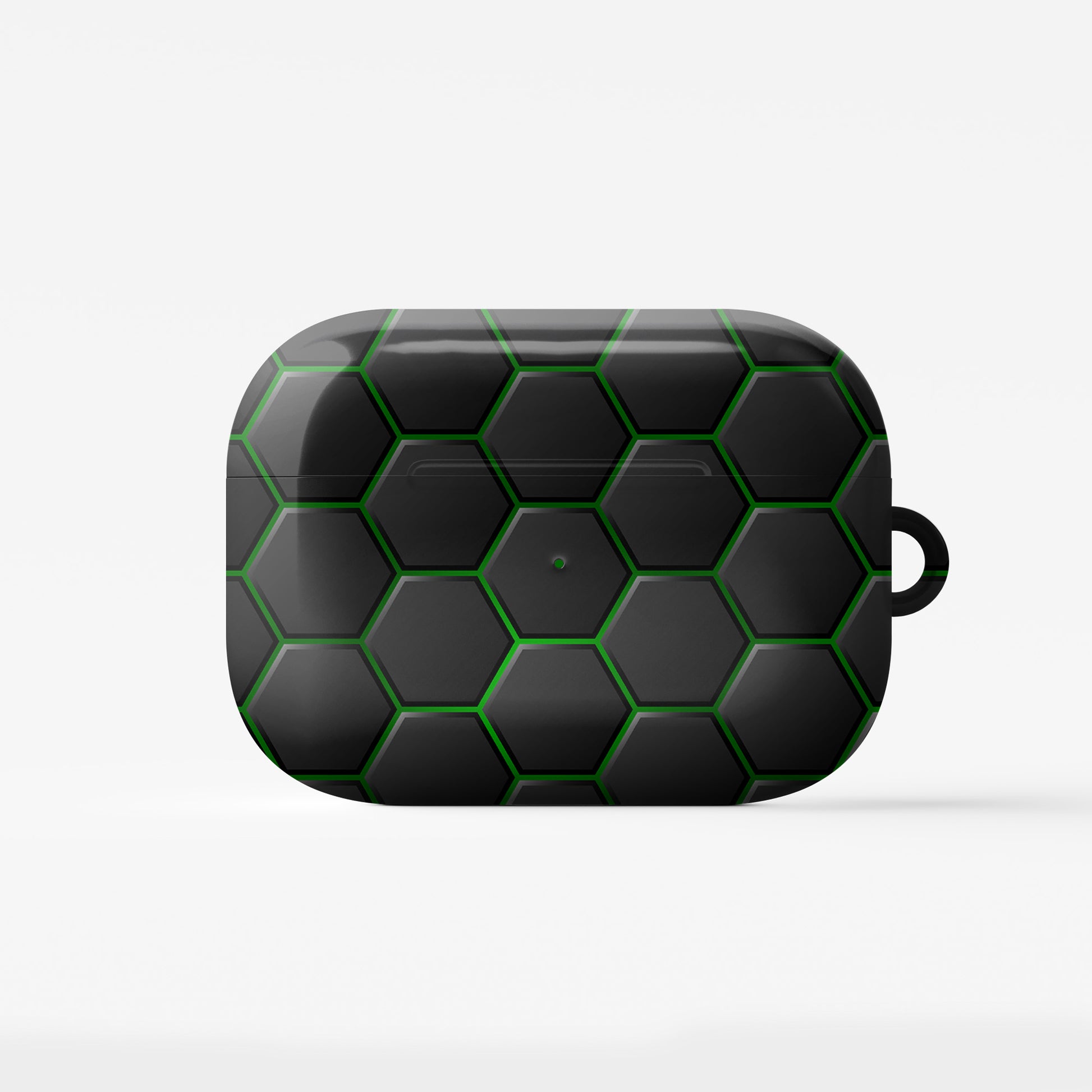 Emerald Pulse AirPods tough case with black and green honeycomb hexagon pattern, glossy finish, modern geometric design, flat printed texture.