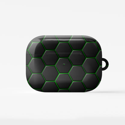 Emerald Pulse AirPods tough case with black and green honeycomb hexagon pattern, glossy finish, modern geometric design, flat printed texture.