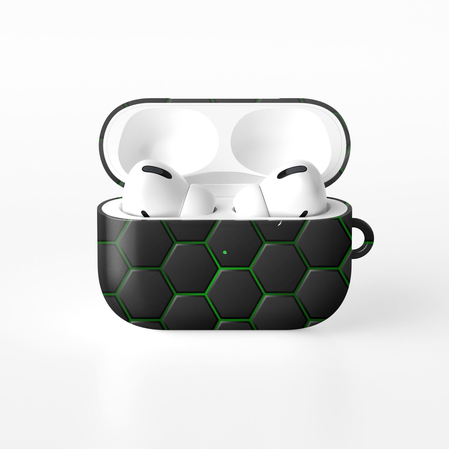 Emerald Pulse AirPods tough case with black and green honeycomb hexagon pattern, glossy finish, modern geometric design, flat printed texture.