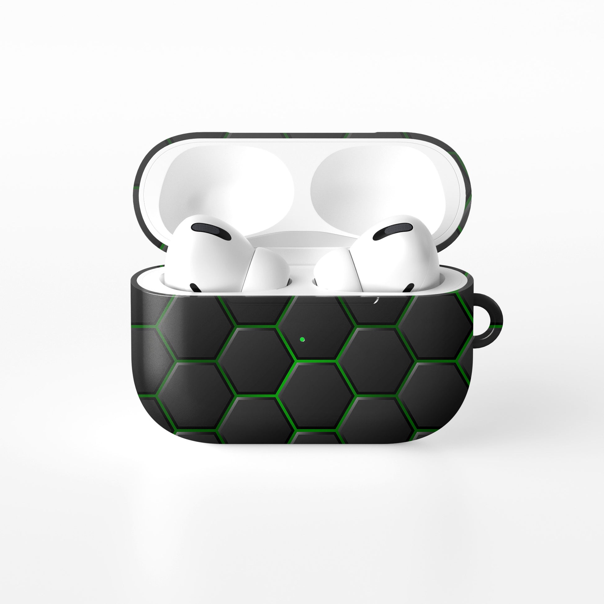 Emerald Pulse AirPods tough case with black and green honeycomb hexagon pattern, glossy finish, modern geometric design, flat printed texture.