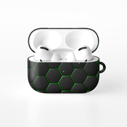 Emerald Pulse AirPods tough case with black and green honeycomb hexagon pattern, glossy finish, modern geometric design, flat printed texture.