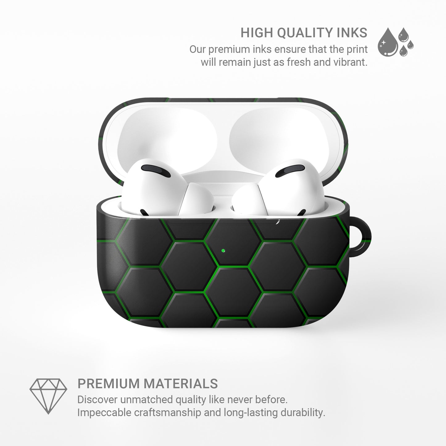 Emerald Pulse AirPods tough case with black and green honeycomb hexagon pattern, glossy finish, modern geometric design, flat printed texture.