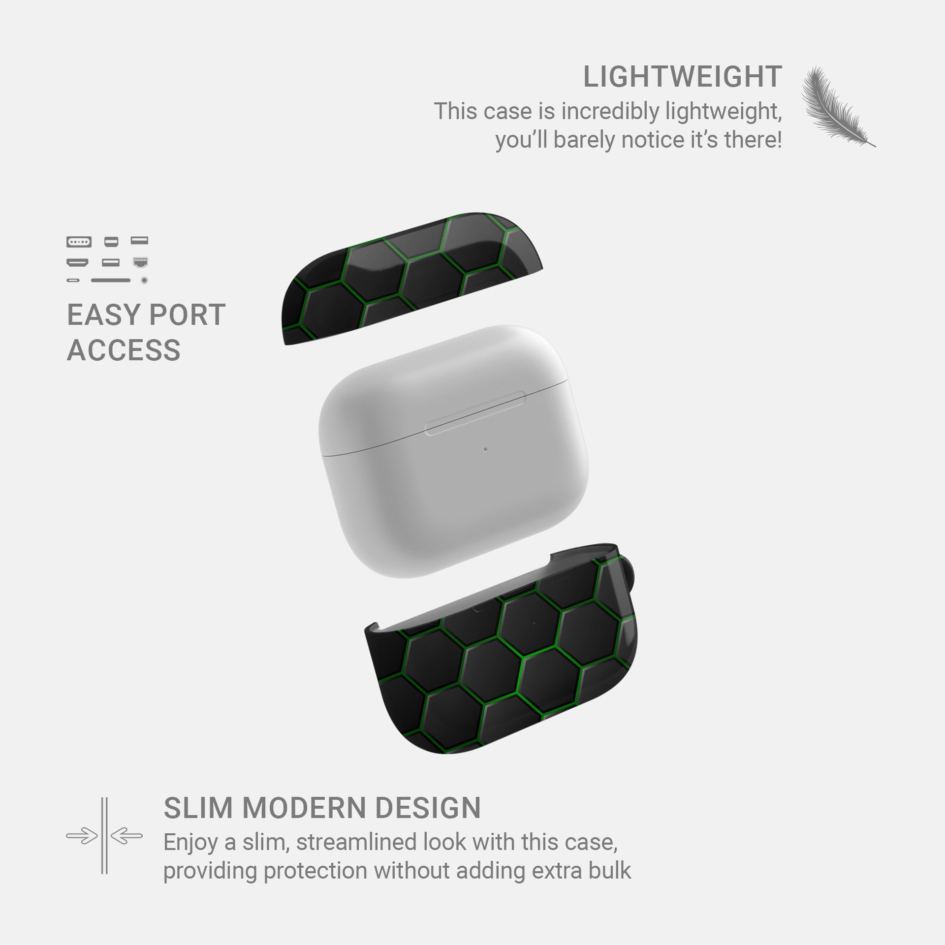 Emerald Pulse AirPods tough case with black and green honeycomb hexagon pattern, glossy finish, modern geometric design, flat printed texture.