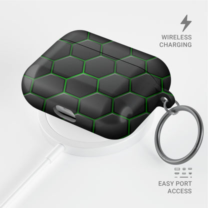 Emerald Pulse AirPods tough case with black and green honeycomb hexagon pattern, glossy finish, modern geometric design, flat printed texture.